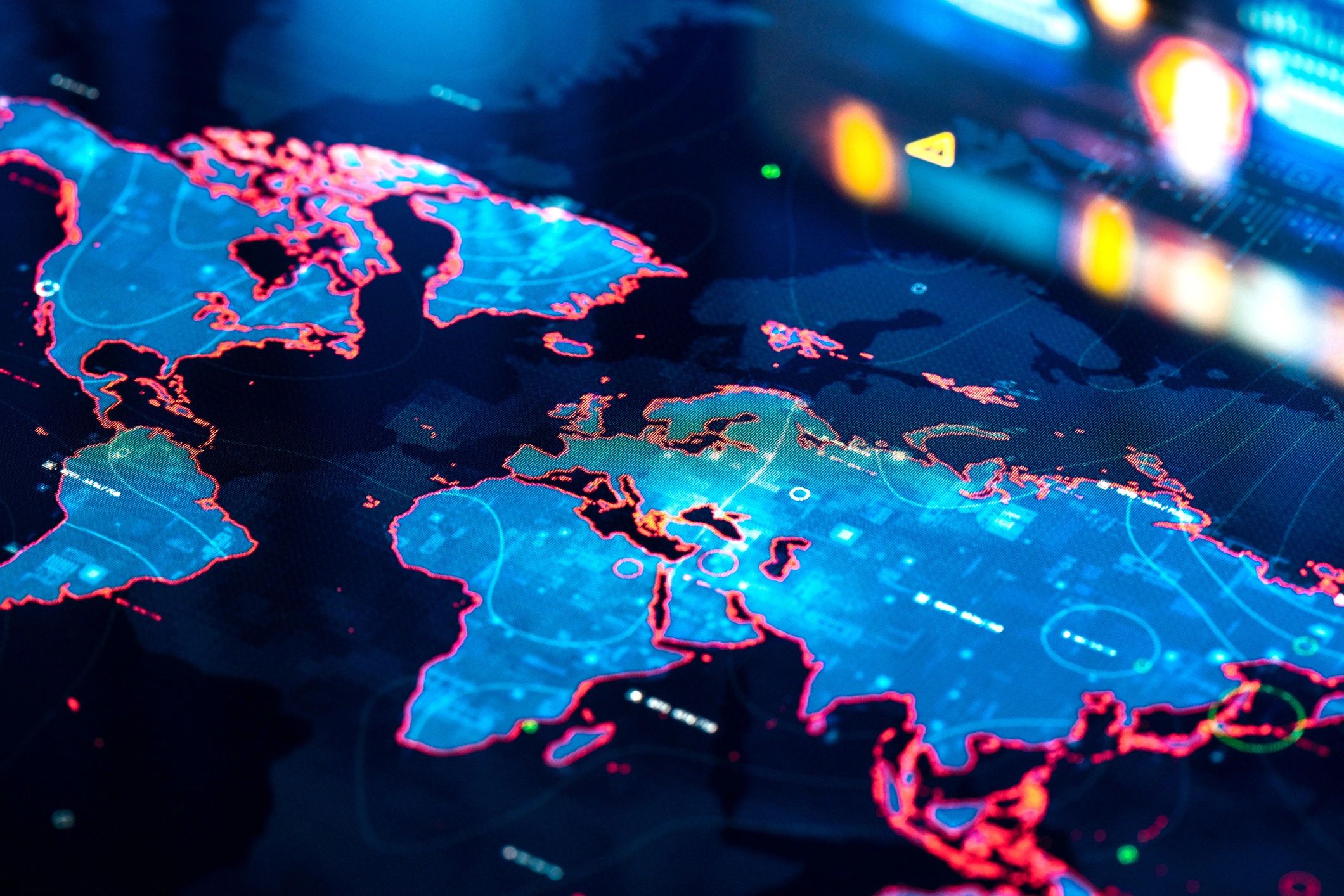 Digital world map display representing international reach