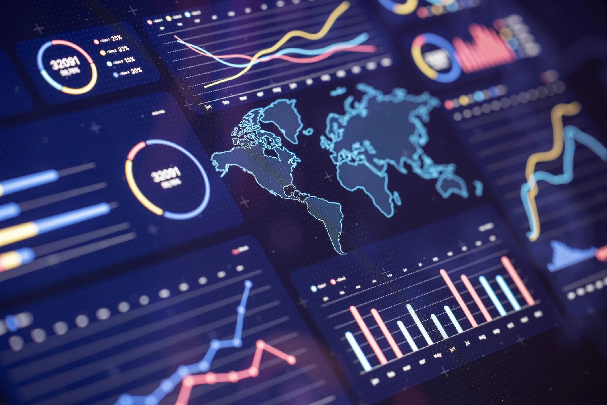 Global data dashboard with world map and analytics charts